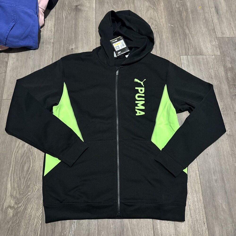 NWT PUMA DOUBLE KNIT HOODIE Full Zip Jacket BLACK GREEN Work Gym Play MENS M